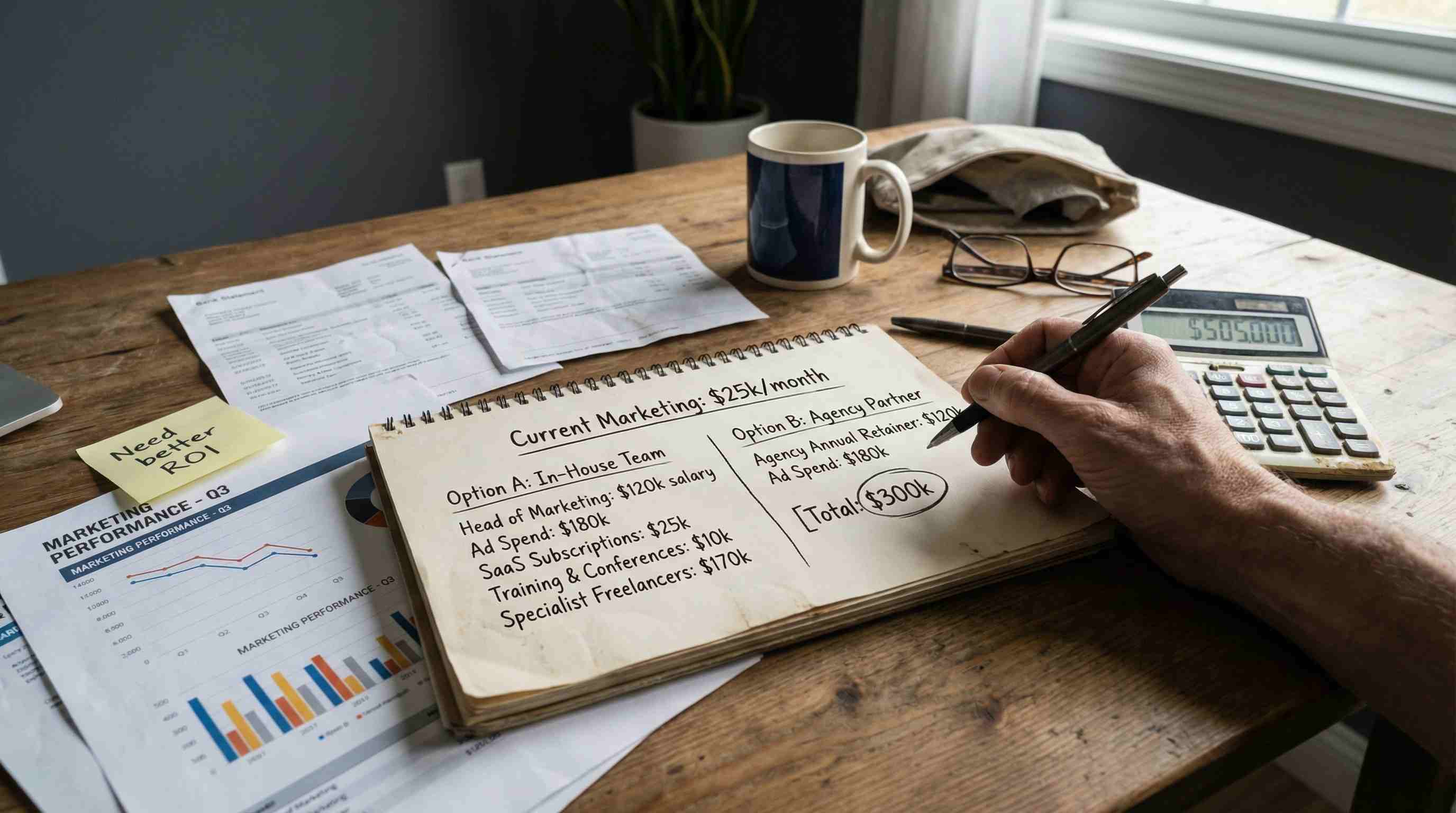 Illustration of a notebook comparing an in-house marketing hire with external lead-generation support.