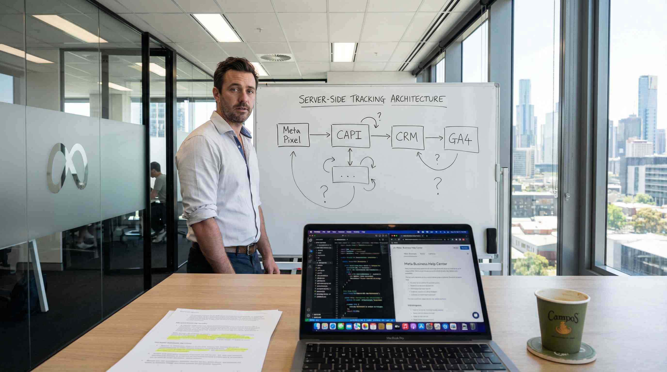 Illustration of a whiteboard connecting server-side tracking, Meta CAPI, a CRM and Google Ads.
