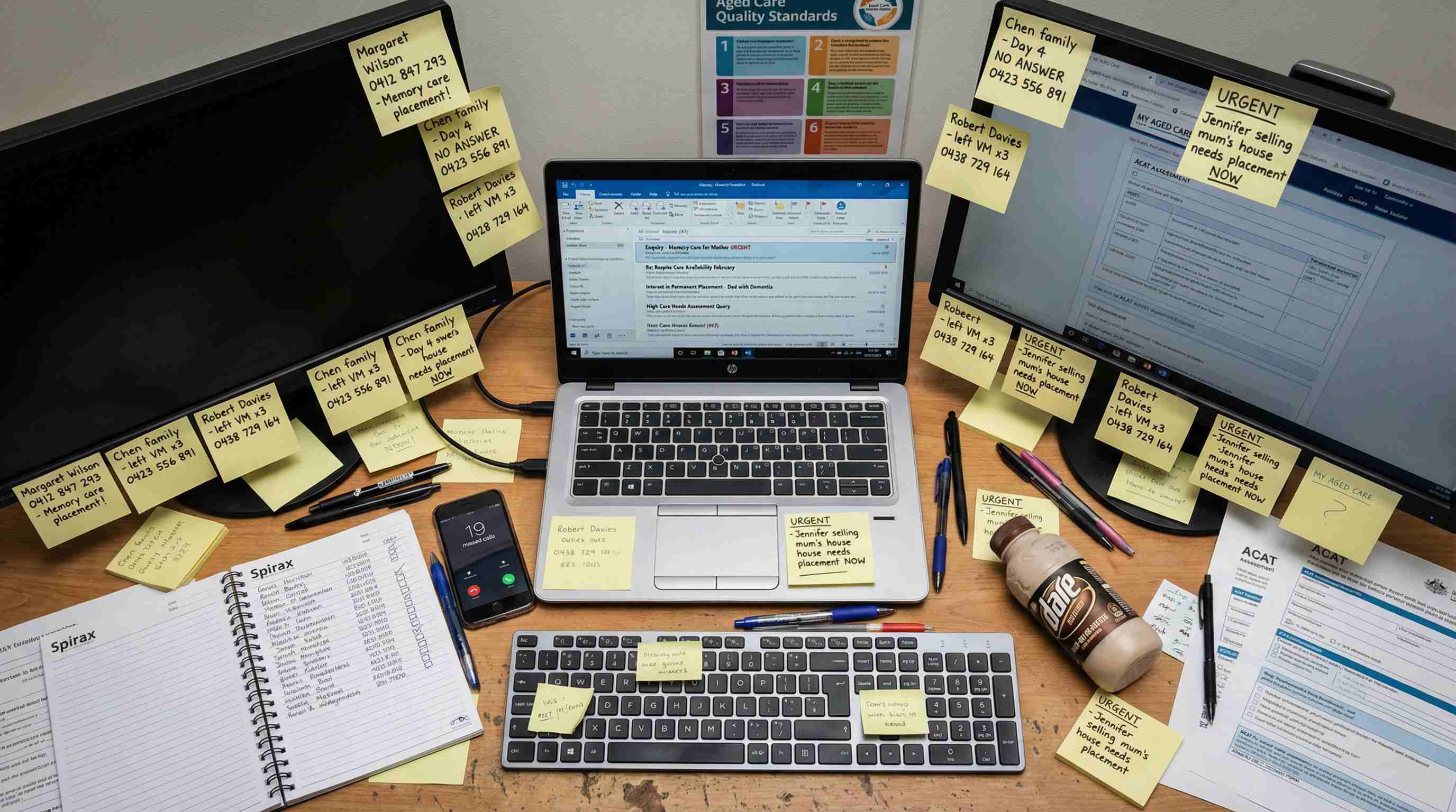 Illustration of a desk covered in lead-follow-up notes.