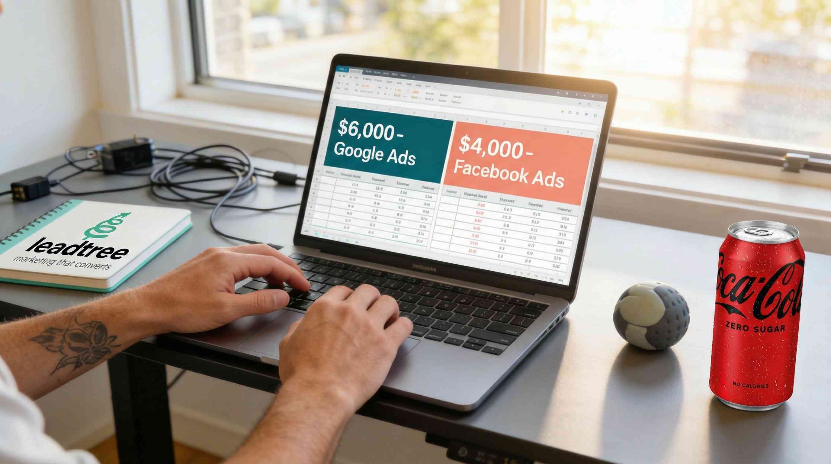 Illustration of a laptop comparing Google Ads and Facebook Ads budgets.