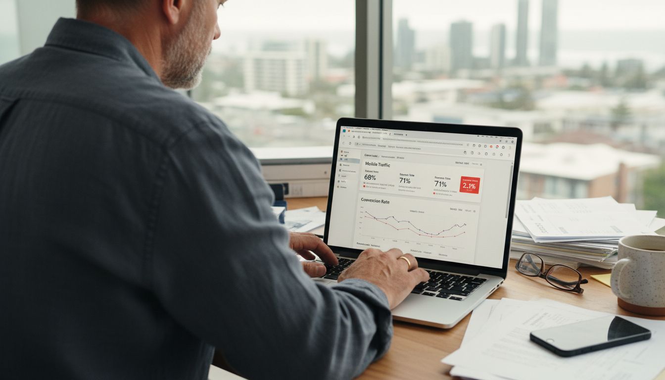 Illustration of a business owner reviewing website performance on a laptop.