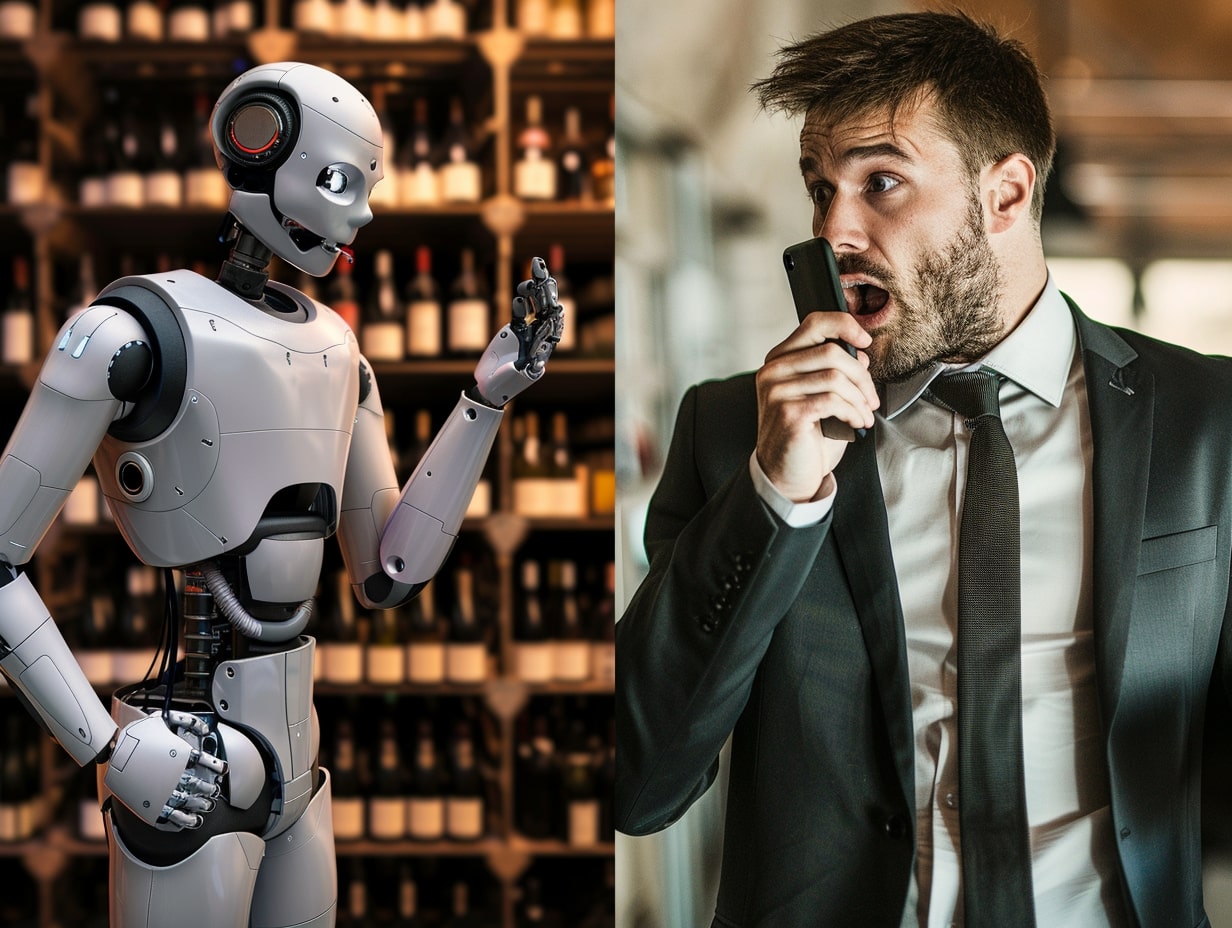 Illustration of a robot bartender speaking with a surprised customer.