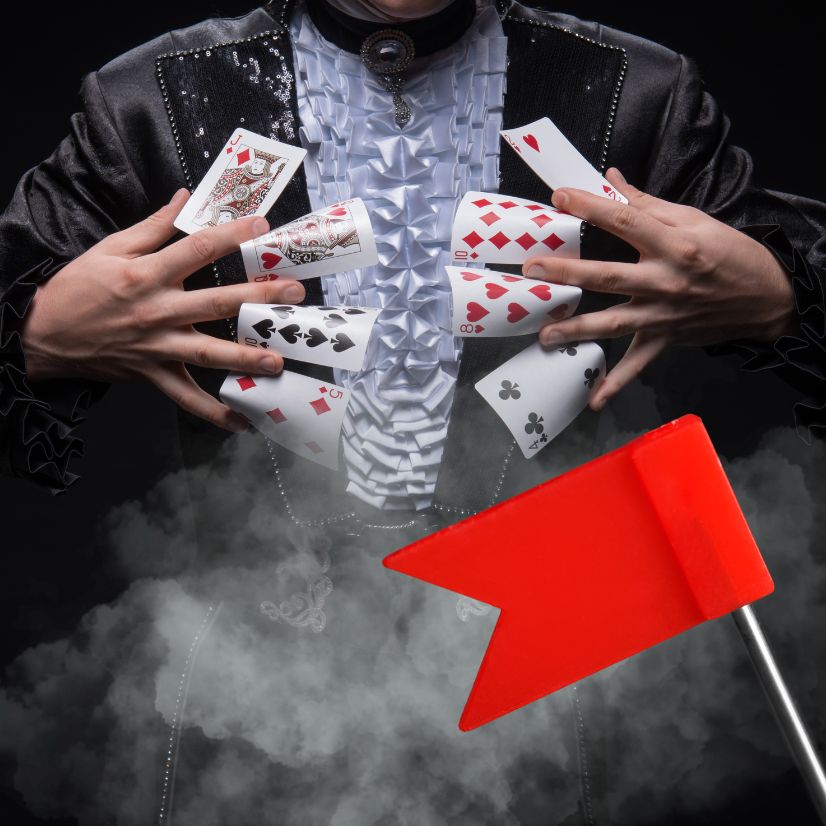 Illustration of a magician and red flags representing misleading SEO promises.