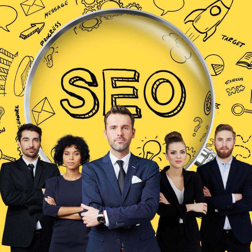 Illustration of legal professionals examining search engine optimisation.
