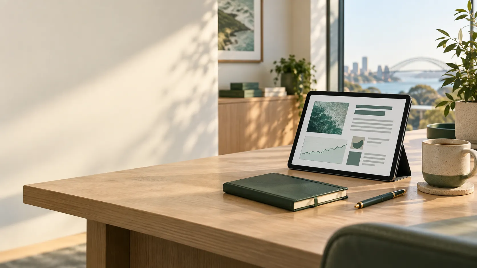 Conceptual office scene with a tablet, notebook and abstract content layout for a financial advice practice.