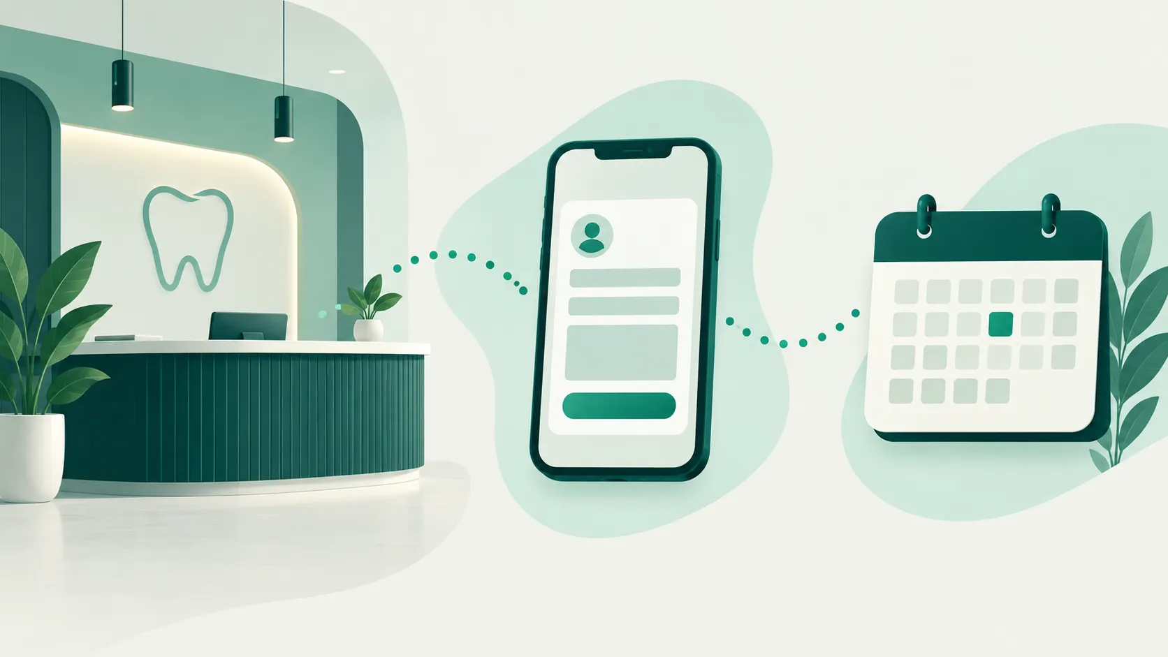 Conceptual illustration of a dental clinic enquiry moving from a phone form to an appointment calendar.