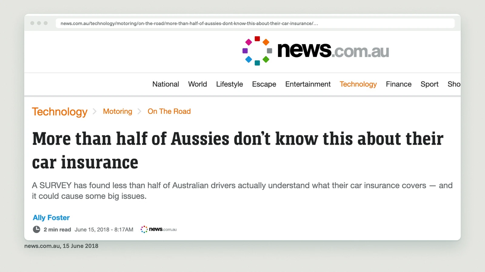 Screenshot of the news.com.au story of 15 June 2018 by Ally Foster, headlined "More than half of Aussies don't know this about their car insurance", with the standfirst "A SURVEY has found less than half of Australian drivers actually understand what their car insurance covers"