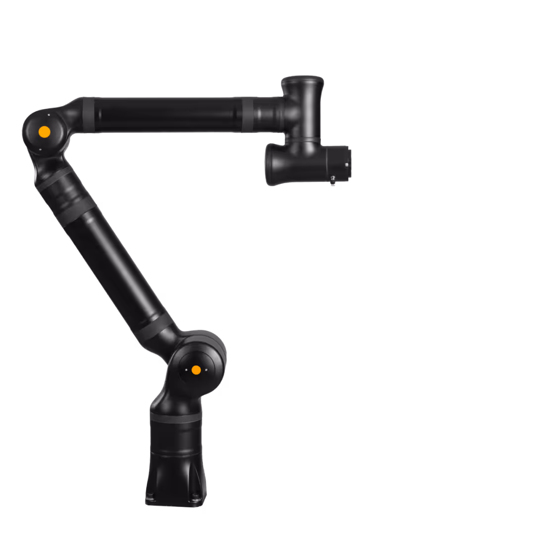 Black articulated robotic arm with red circular markers at its joints.