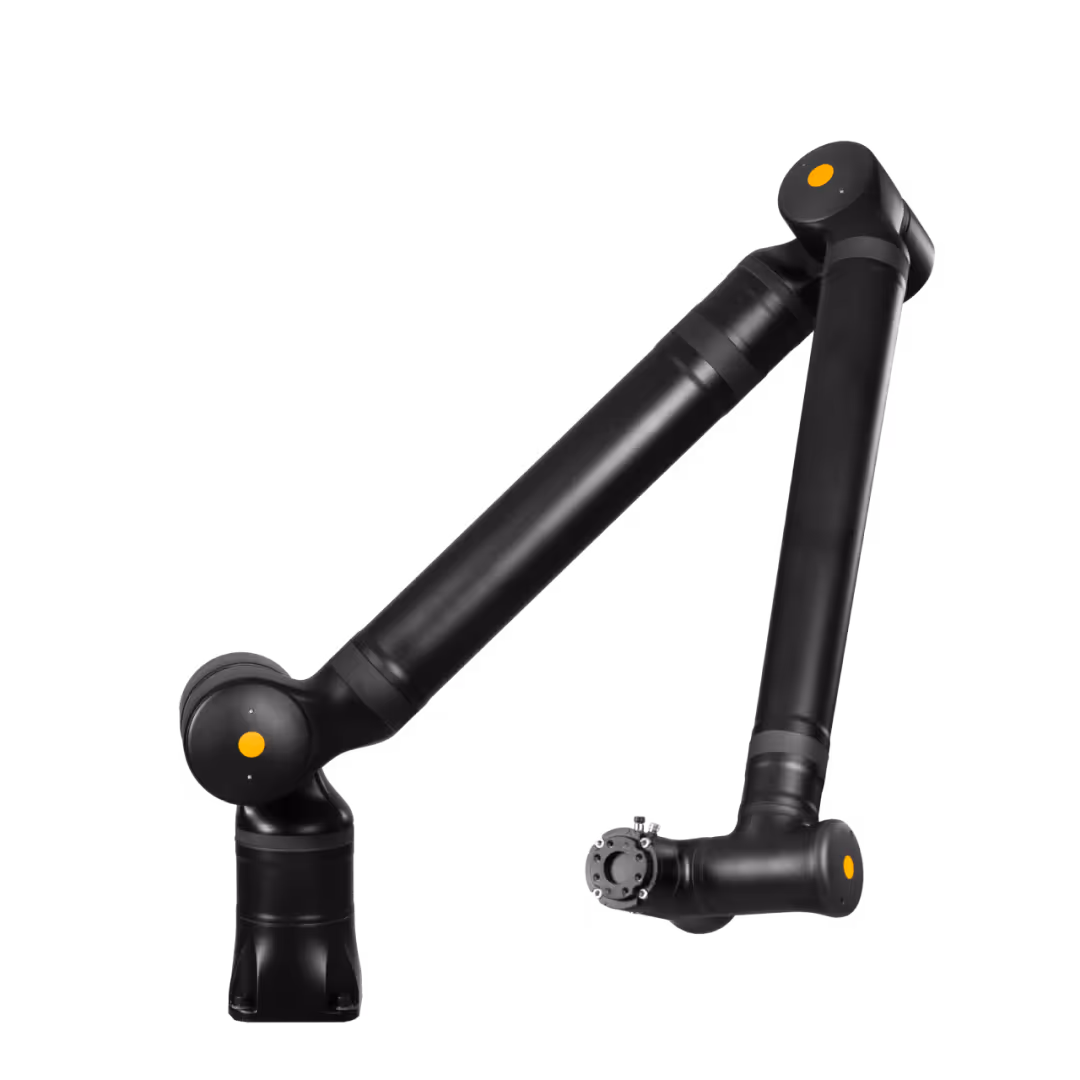 Black articulated robotic arm with red circular markers at its joints.