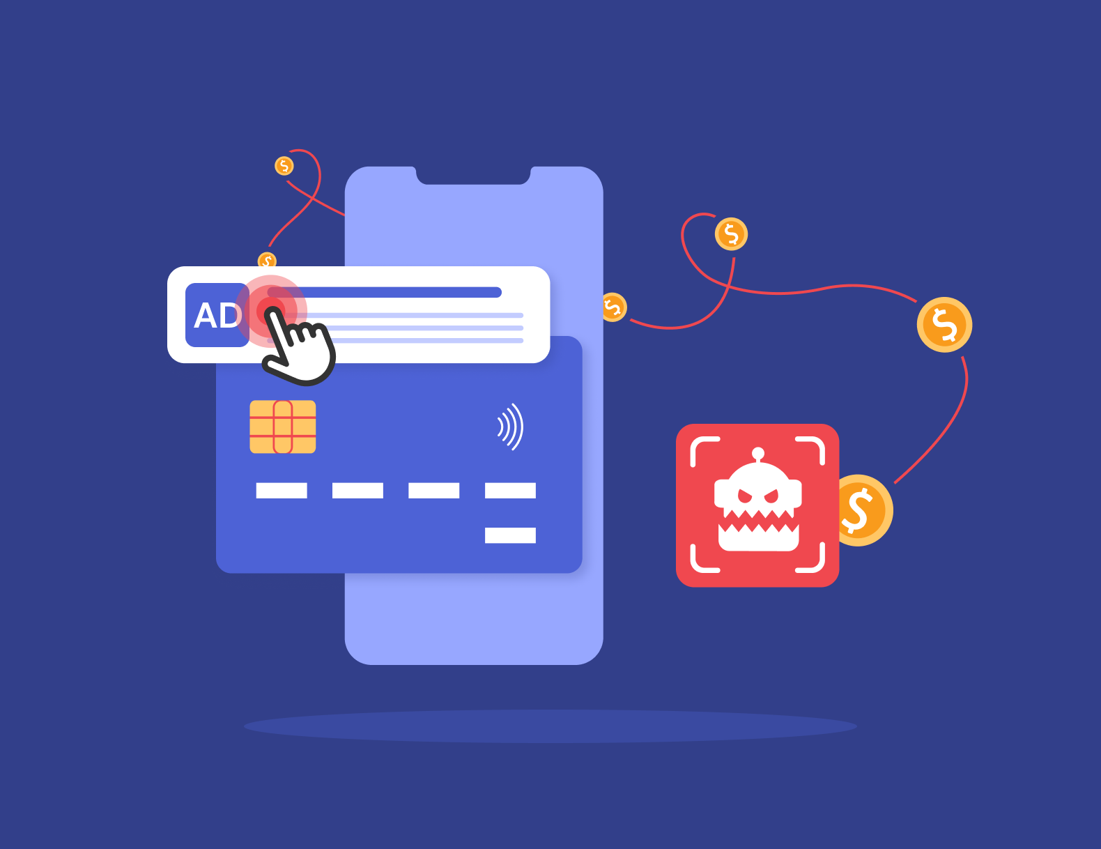 Fintech click fraud illustration with mobile ad, credit card, and bots draining ad spend.