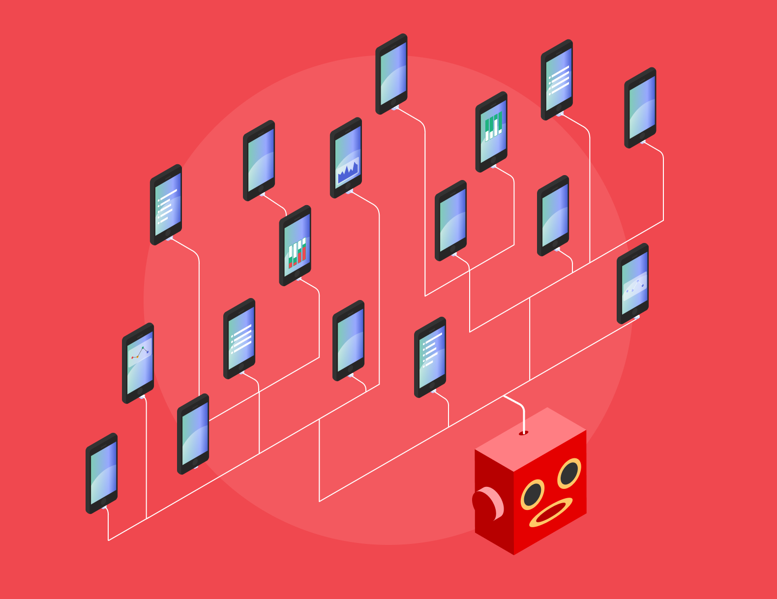 <img src="bot-farm-vector.jpg" alt="Vector illustration of a mobile bot farm using multiple smartphones to generate click fraud.">
