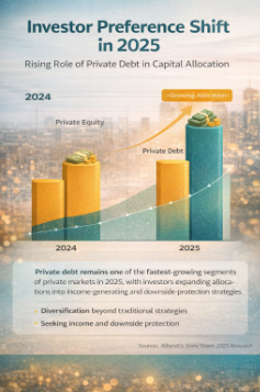 Infographic showing investor capital allocation trends in 2025, highlighting the rising preference for private debt over private equity as investors seek predictable income, downside protection, and diversification in private markets. 