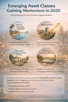 Infographic illustrating emerging private market asset classes gaining investor interest in 2025, including luxury vacation rentals, data centers, accessory dwelling units (ADUs), and wellness retreats, driven by diversification and long-term demand trends. 