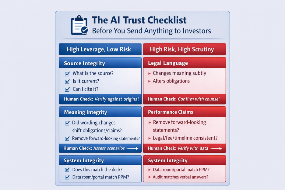 Checklist-style infographic titled “The AI Trust Checklist Before You Send Anything to Investors” outlining three integrity safeguards for fund managers using AI in private markets: source integrity (verifiable and current data), meaning integrity (no shift in legal or performance claims), and system integrity (consistency across deck, data room, and PPM) to reduce compliance risk and protect investor credibility. 