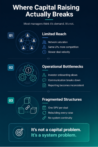 Capital raising bottlenecks infographic showing why fund managers struggle to scale, including investor network limits, onboarding friction, and fragmented fund structures in private markets 