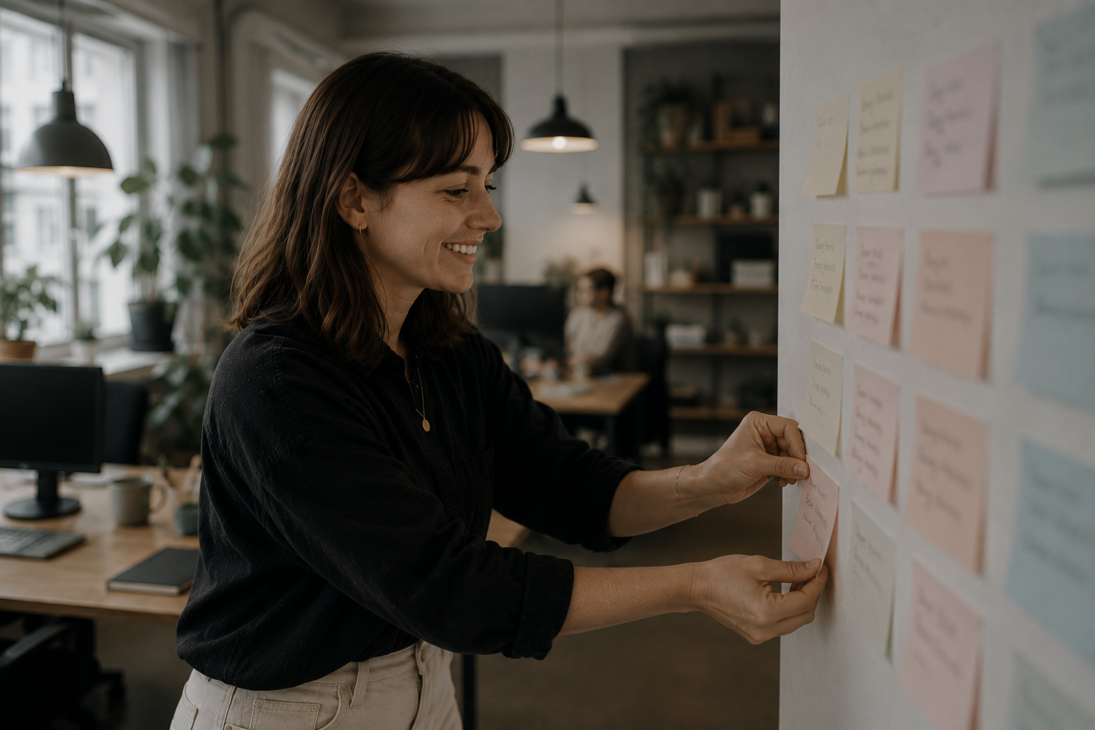 A woman in a black top places a sticky note onto a wall covered in colourful notes in a modern office, smiling as she organises her thoughts during a collaborative working session.