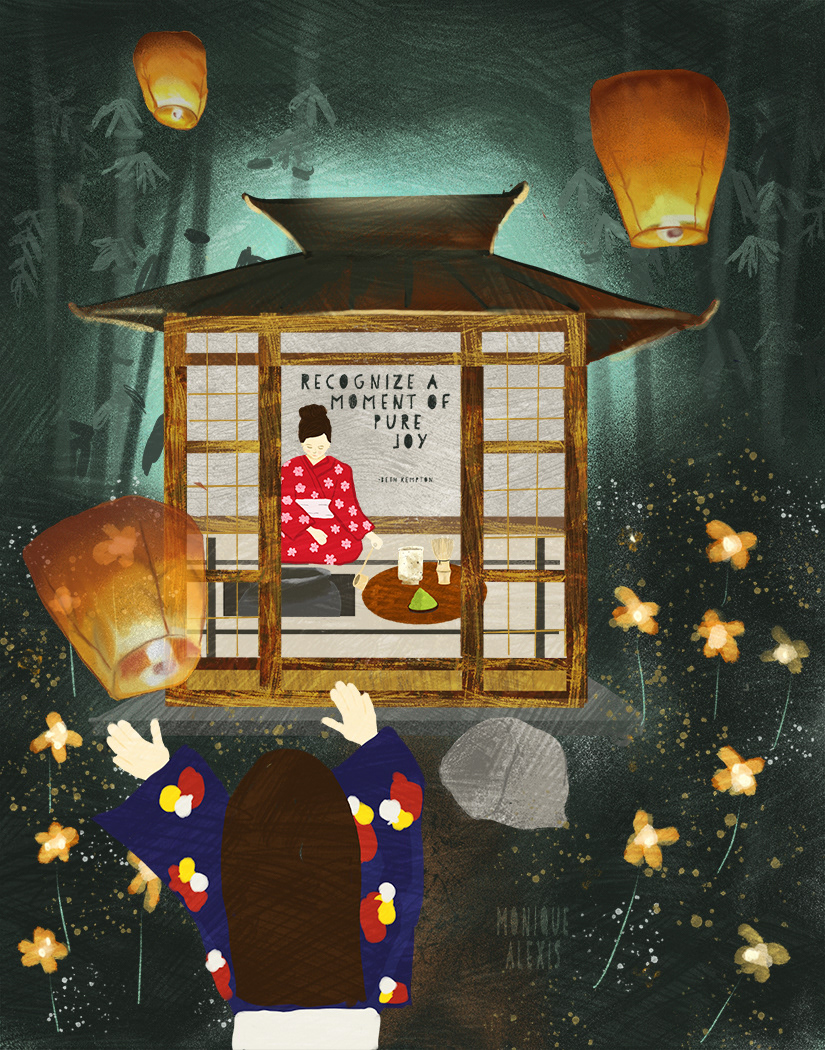 An illustration of lanterns floating in the air.