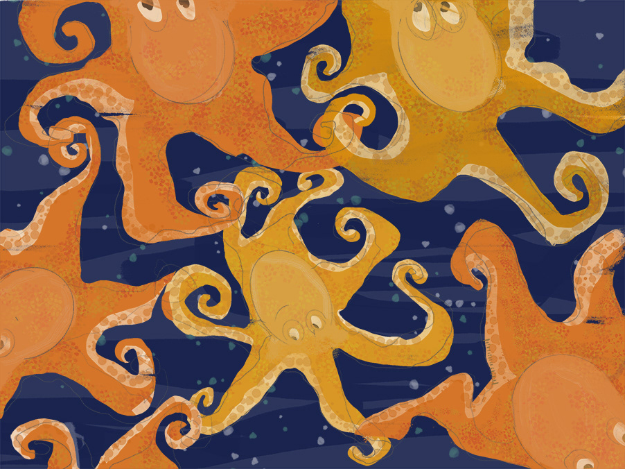 An illustration with octupuses