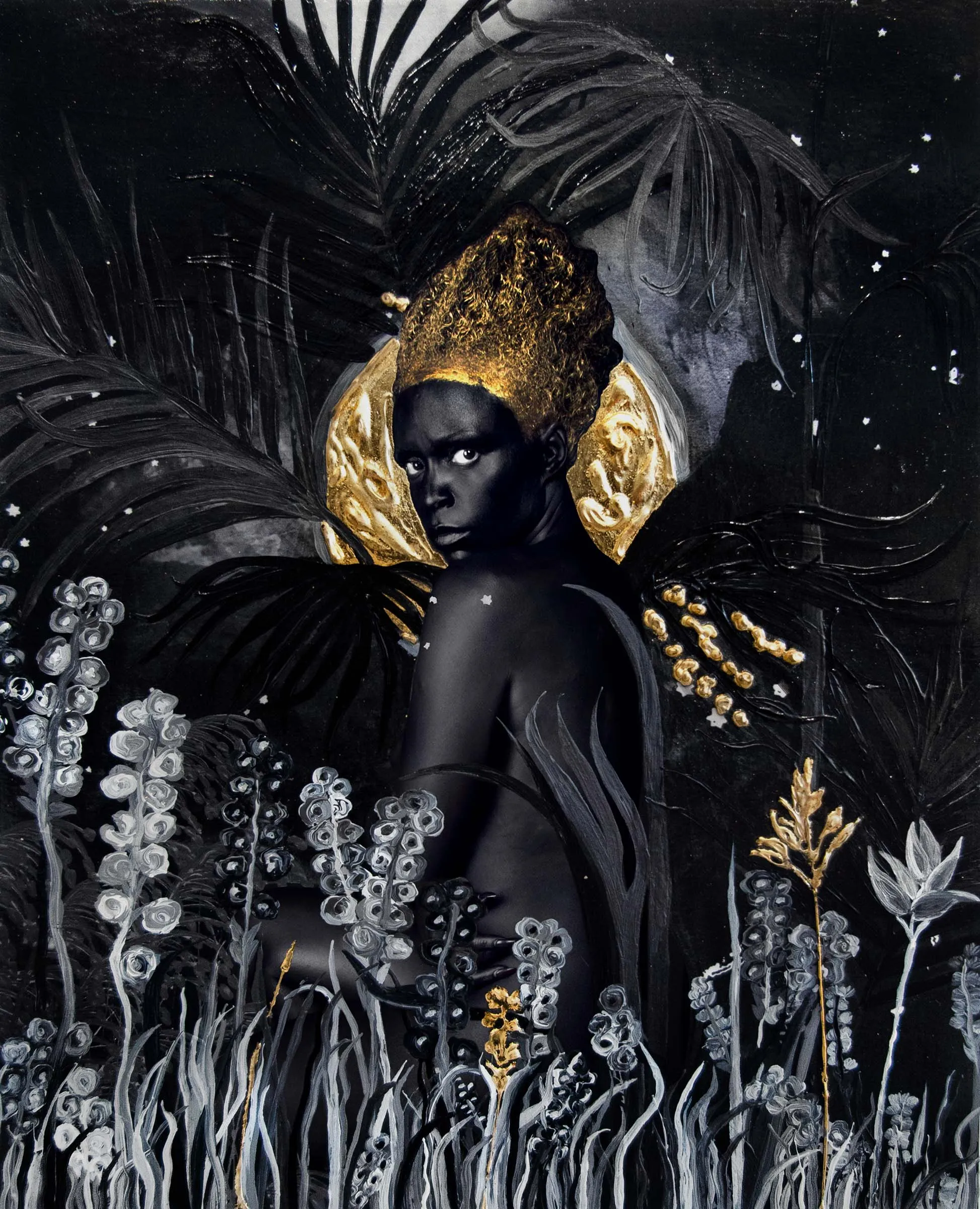 Lina Iris Viktor, The Dark Continent III: The Wake, No. XXVI Refuge from the aftermath... A Reckoning to come, Pure 24-karat gold, acrylic, ink, print on cotton rag paper2019