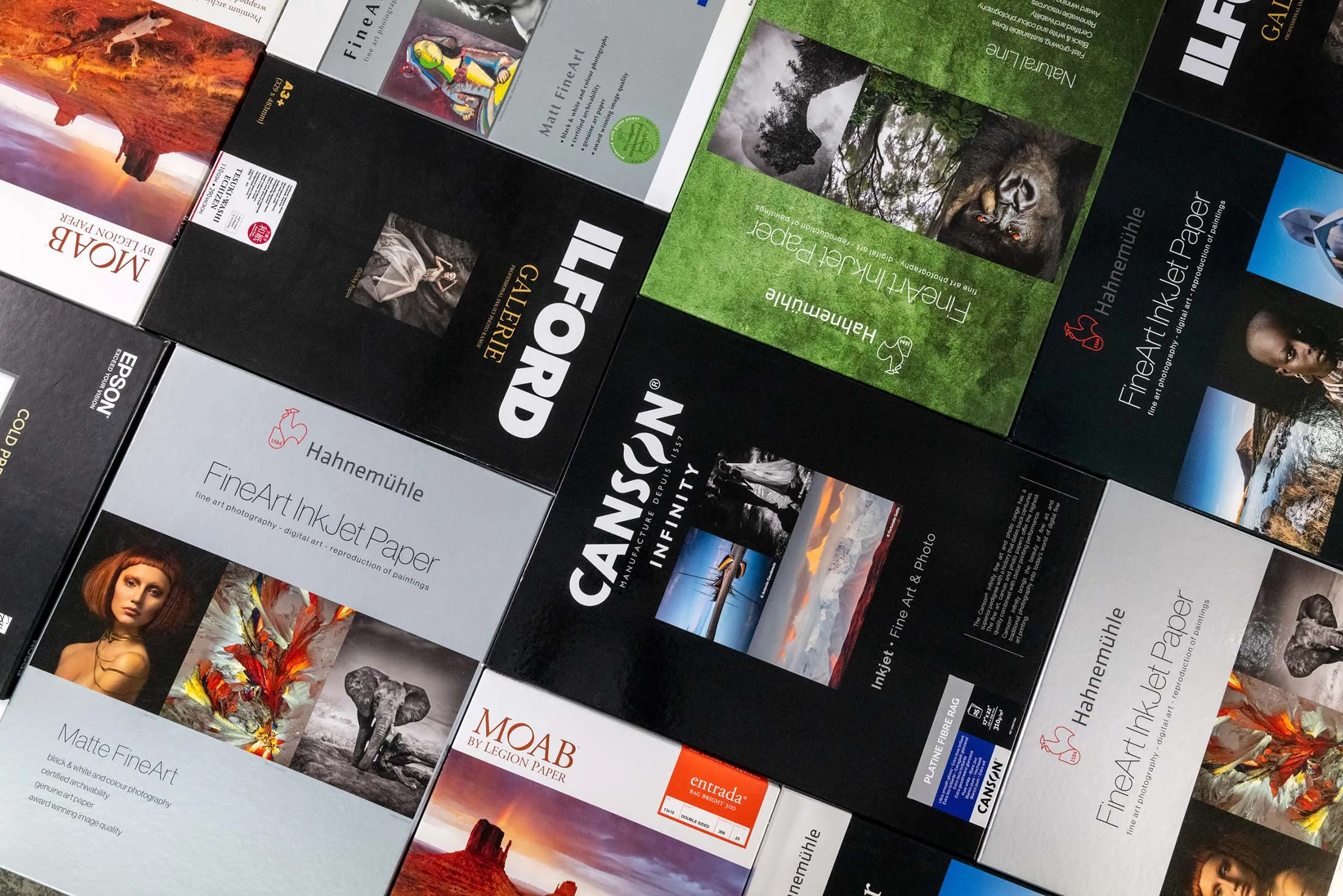 Collage of inkjet archival papers for Hahnemuhle, Canson, and Ilford