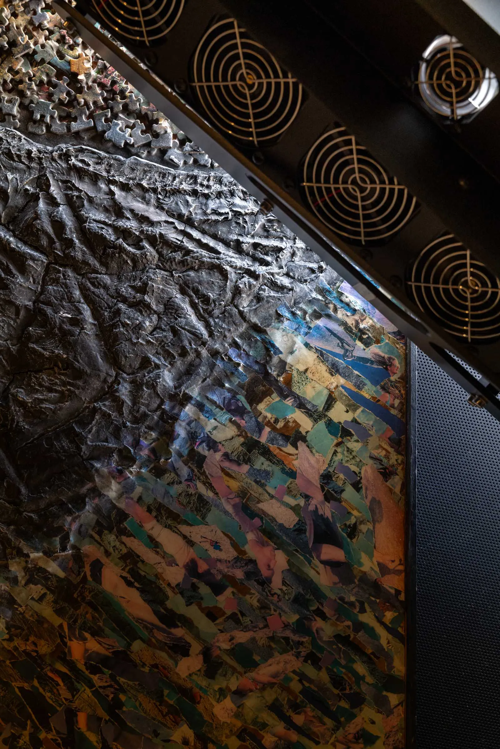 Brooklyn Editions scanning a mixed media collage painting with raised texture and objects