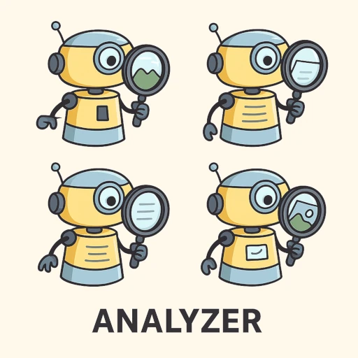Four robots in a 2x2 grid using magnifying glasses to analyze files and images

