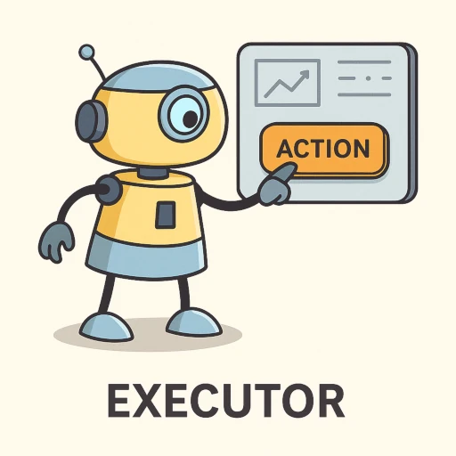 Friendly robot pressing an “Action” button on a control panel to trigger automated tasks

