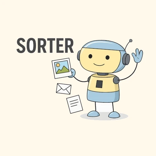 Illustration of a robot sorting an email, image, and document into organized categories