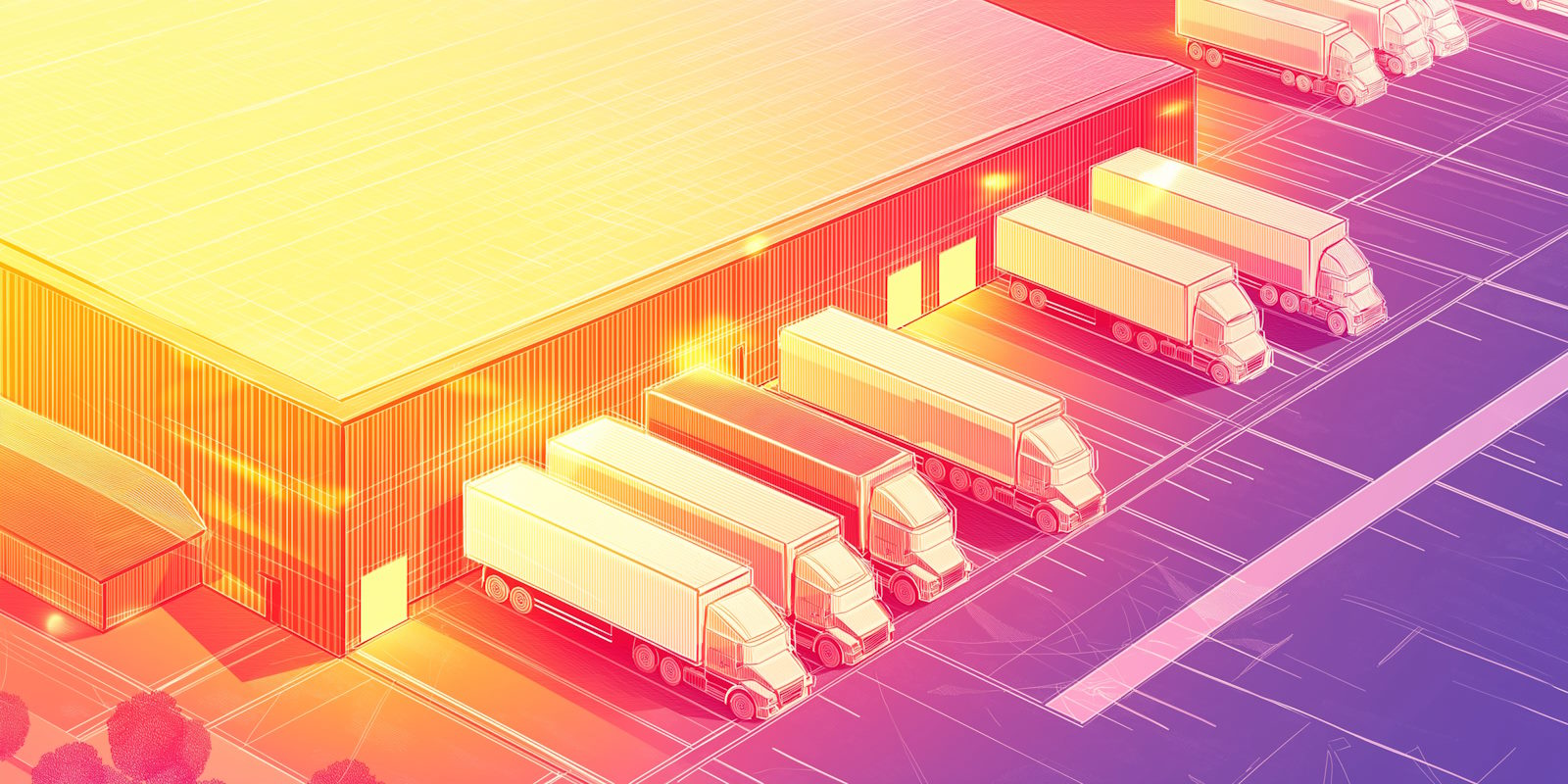 Illustration: Virtual Warehouse Exterior, with Trucks Lined Up Outside Loading Dock. Logistics Digital Twin.