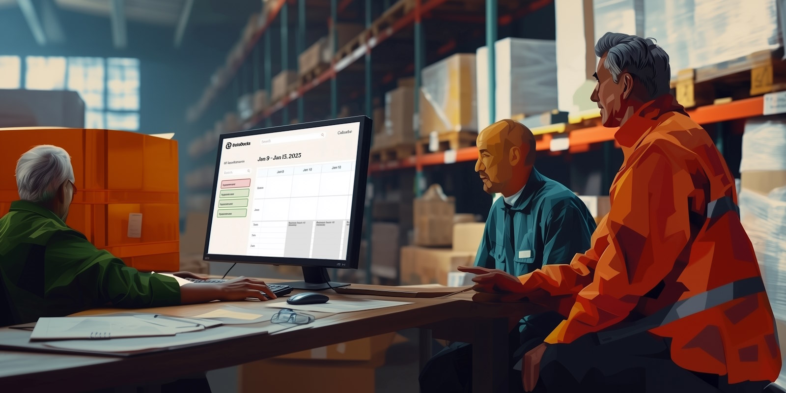 Illustration: Warehouse workers discussing around a computer, with DataDocks Dock Scheduling Software. Logistics Digital Twin.