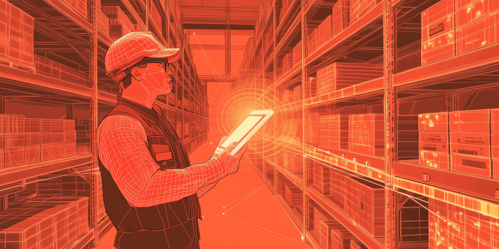 Illustration: IoT Devices in the Warehouse. Logistics Digital Twin.