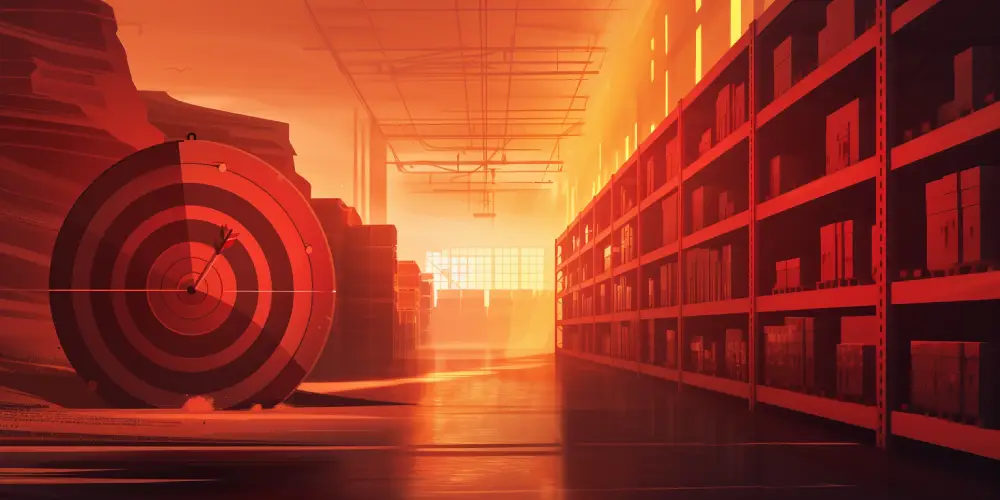 Large target bullseye inside warehouse aisles full of pallets, symbolizing logistics precision and goal‑oriented inventory management