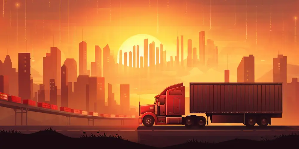 Semi‑truck hauling freight along highway with city skyline at sunset, representing long‑haul and urban delivery logistics