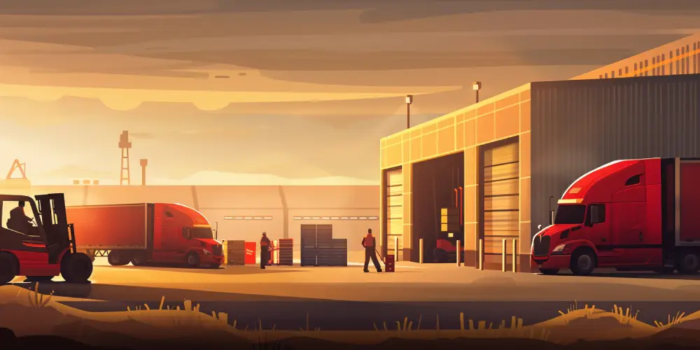 Warehouse loading dock with workers handling pallets, forklifts, and trucks actively loading cargo in distribution center operations