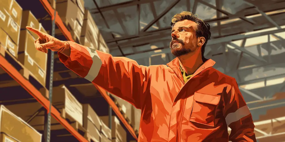 Warehouse worker in an orange safety jacket pointing toward storage shelves filled with labeled cardboard boxes