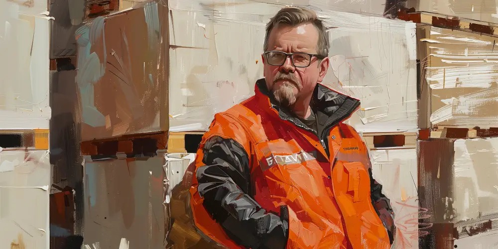 Warehouse supervisor wearing glasses and an orange jacket standing in front of stacked cardboard boxes