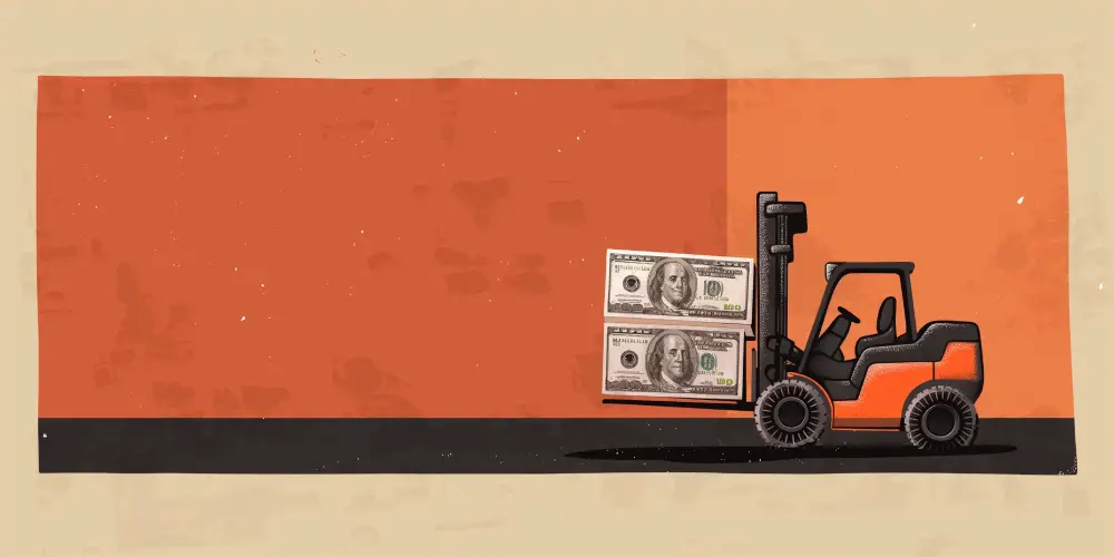 Illustration of a forklift carrying large stacks of US dollar bills on an orange and beige background, symbolizing logistics profitability