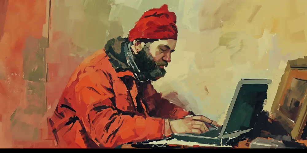 Bearded warehouse employee in a red beanie and orange jacket working on a laptop, suggesting inventory or logistics management