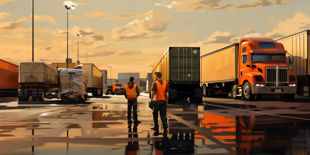 Two logistics workers in safety vests overseeing semi-trucks in a freight yard at sunset with shipping containers and wet pavement reflections