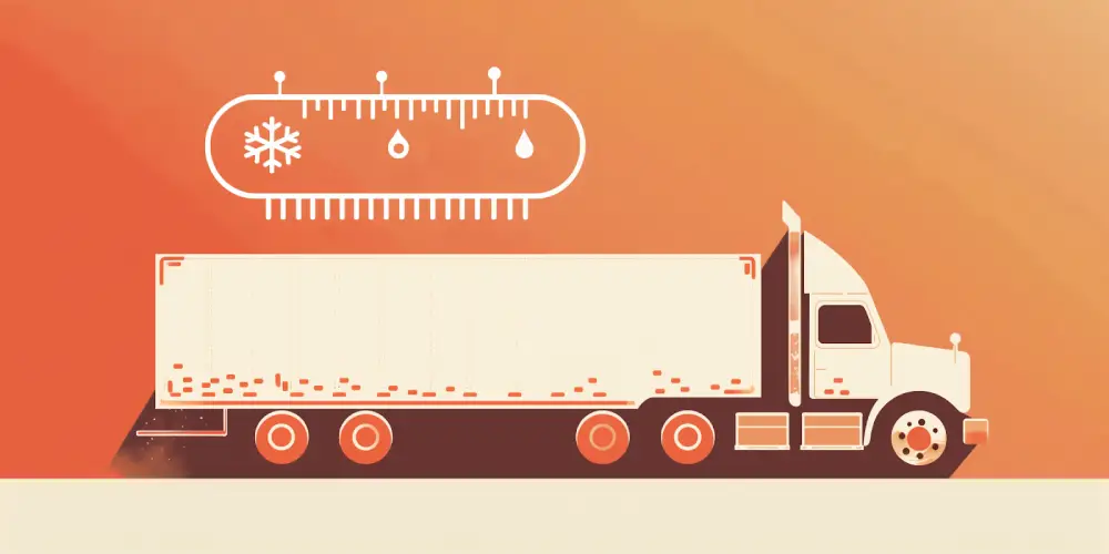 Illustration of a refrigerated semi-truck with temperature and humidity control icons representing cold chain logistics