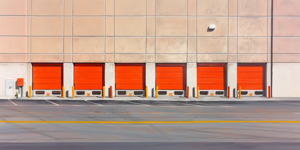 Row of bright orange loading dock doors at a large-scale distribution center for freight and logistics operations