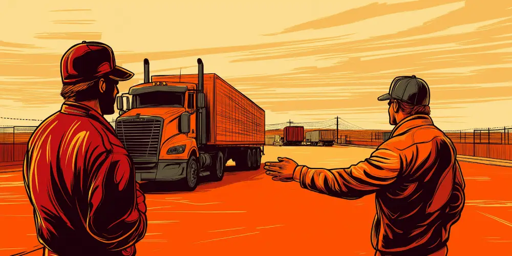 Two truck drivers in caps discussing logistics in a freight yard with multiple semi trucks and trailers under an orange sky