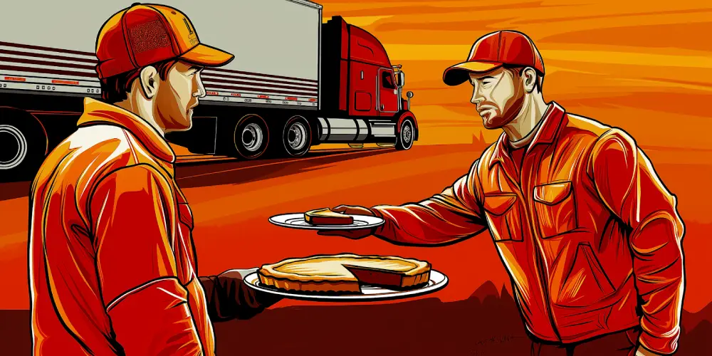 Truck drivers wearing red uniforms exchanging slices of pie near a parked semi truck