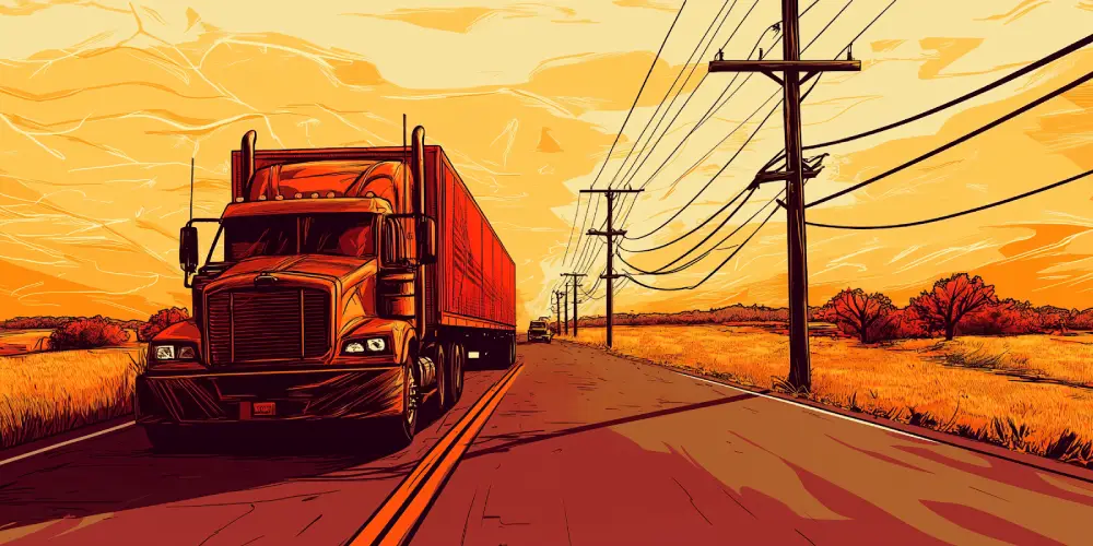 Red semi truck driving down a rural road lined with telephone poles and fields during sunset, symbolizing long-haul trucking routes