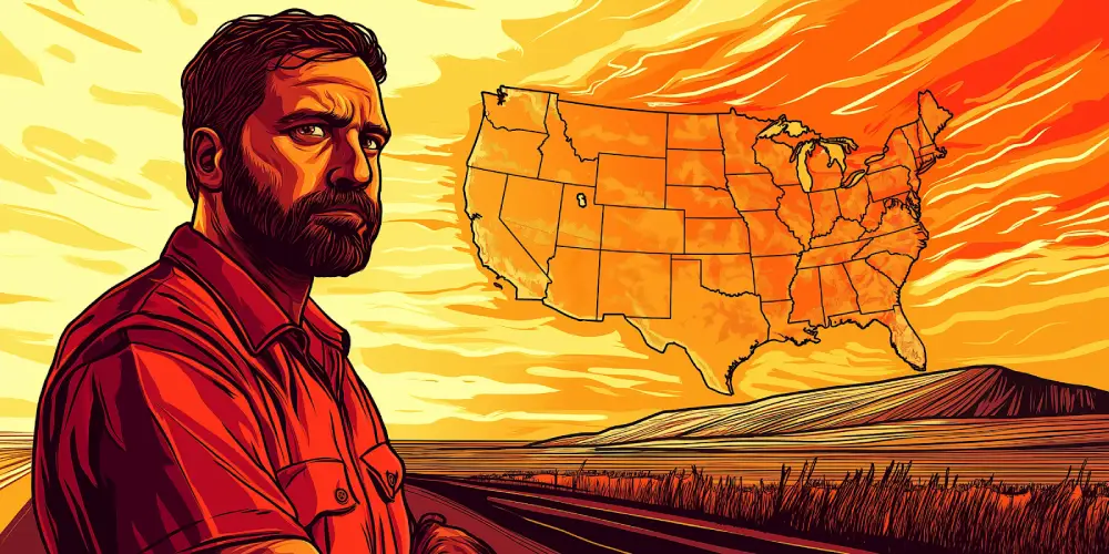 Bearded truck driver in red shirt standing beside a highway with a US map in the sky, representing national freight transportation routes