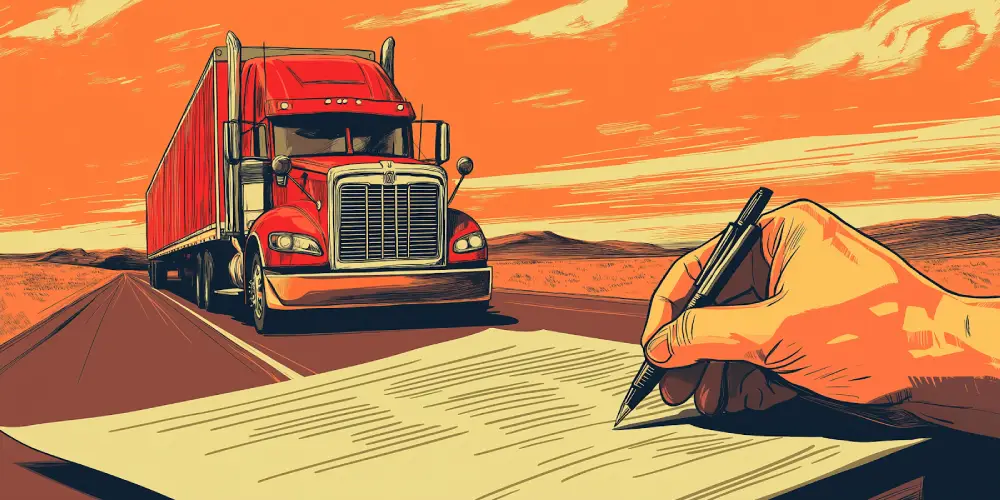 Illustration of a red semi truck driving on an open highway with a hand signing shipping documents in the foreground, symbolizing freight logistics and transportation paperwork
