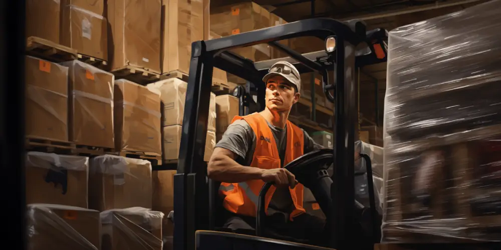 Warehouse worker operating a forklift, moving shrink-wrapped pallets in a storage facility