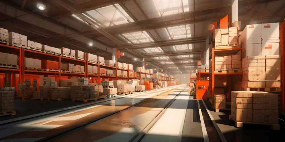 Spacious warehouse interior with high shelves stacked with boxes and packages under natural skylight