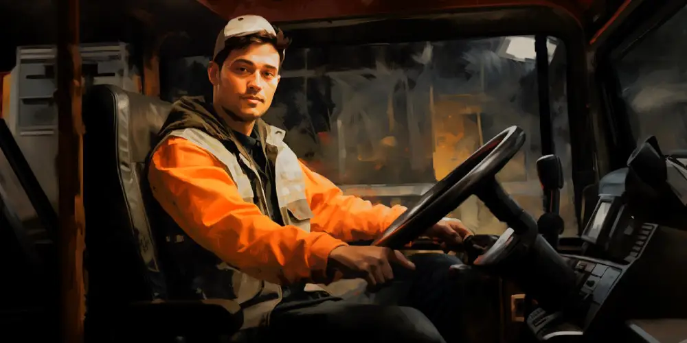 Truck driver sitting in the cab of a semi-truck, wearing a reflective safety vest and looking at the camera