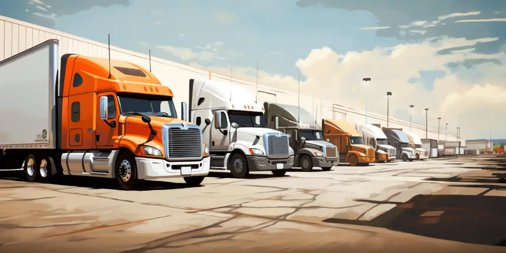 Row of semi-trucks parked at a distribution center loading dock under a partly cloudy sky